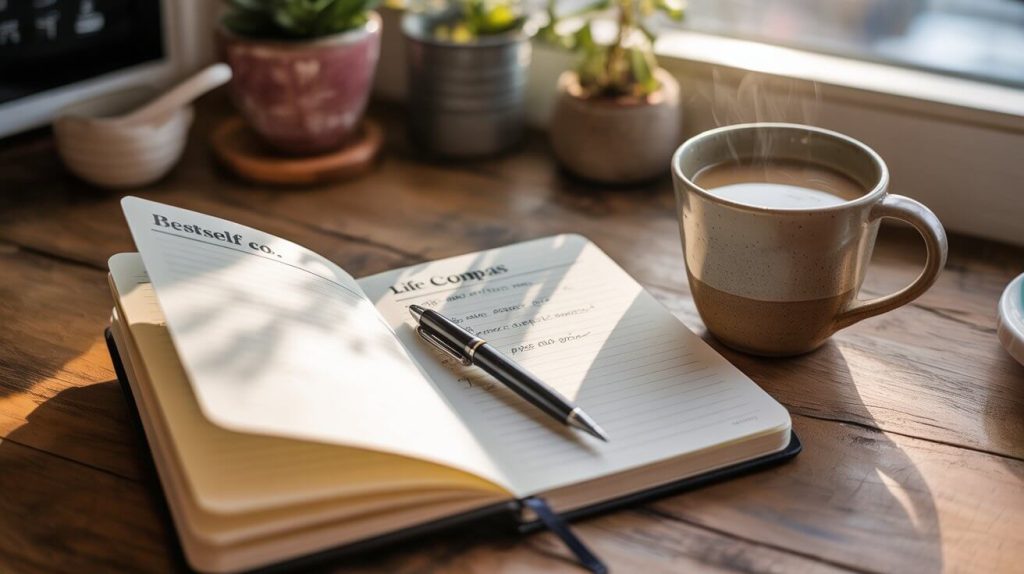 Open BestSelf Co. Life Compass Journal on a cozy desk with coffee