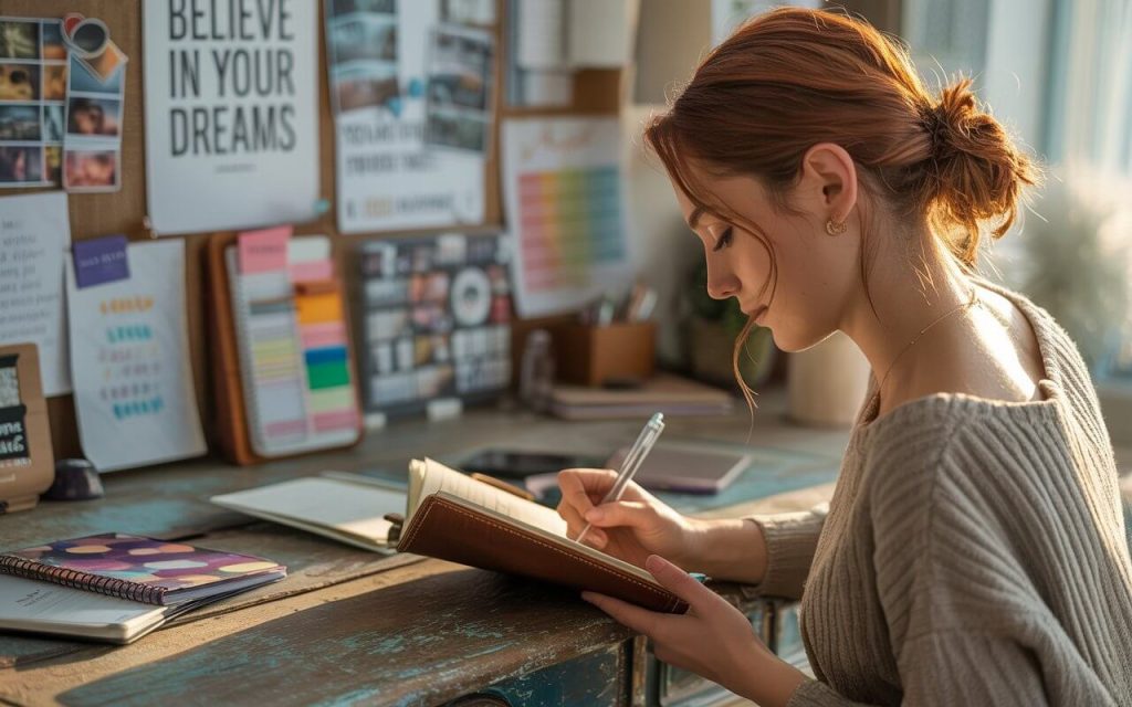 Person planning goals at sunrise with journal and vision board