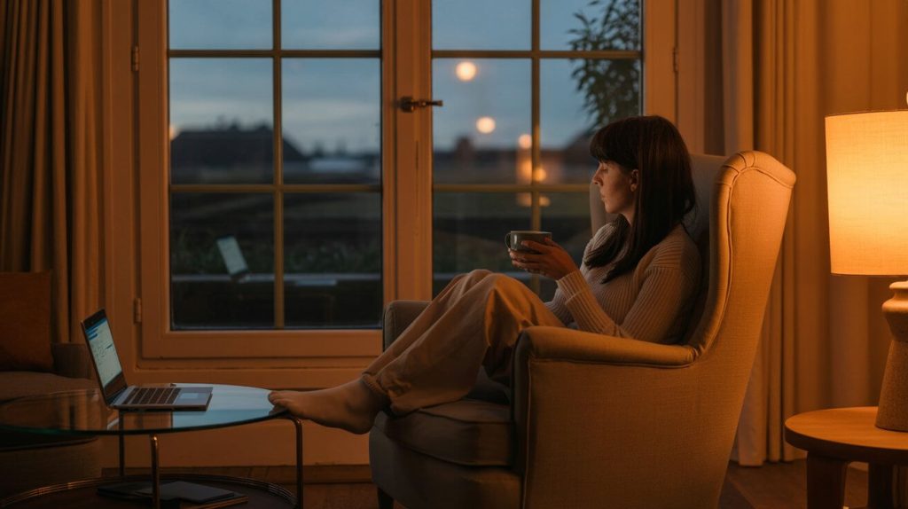 A calm evening scene with a person sipping tea near a window, bathed in warm light.