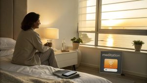 Morning meditation using a phone app in a peaceful bedroom setting