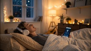 Person using Pzizz app in bed with headphones