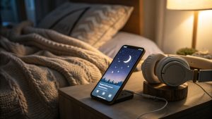 A smartphone glowing with a meditation app open, creating a calming bedtime atmosphere