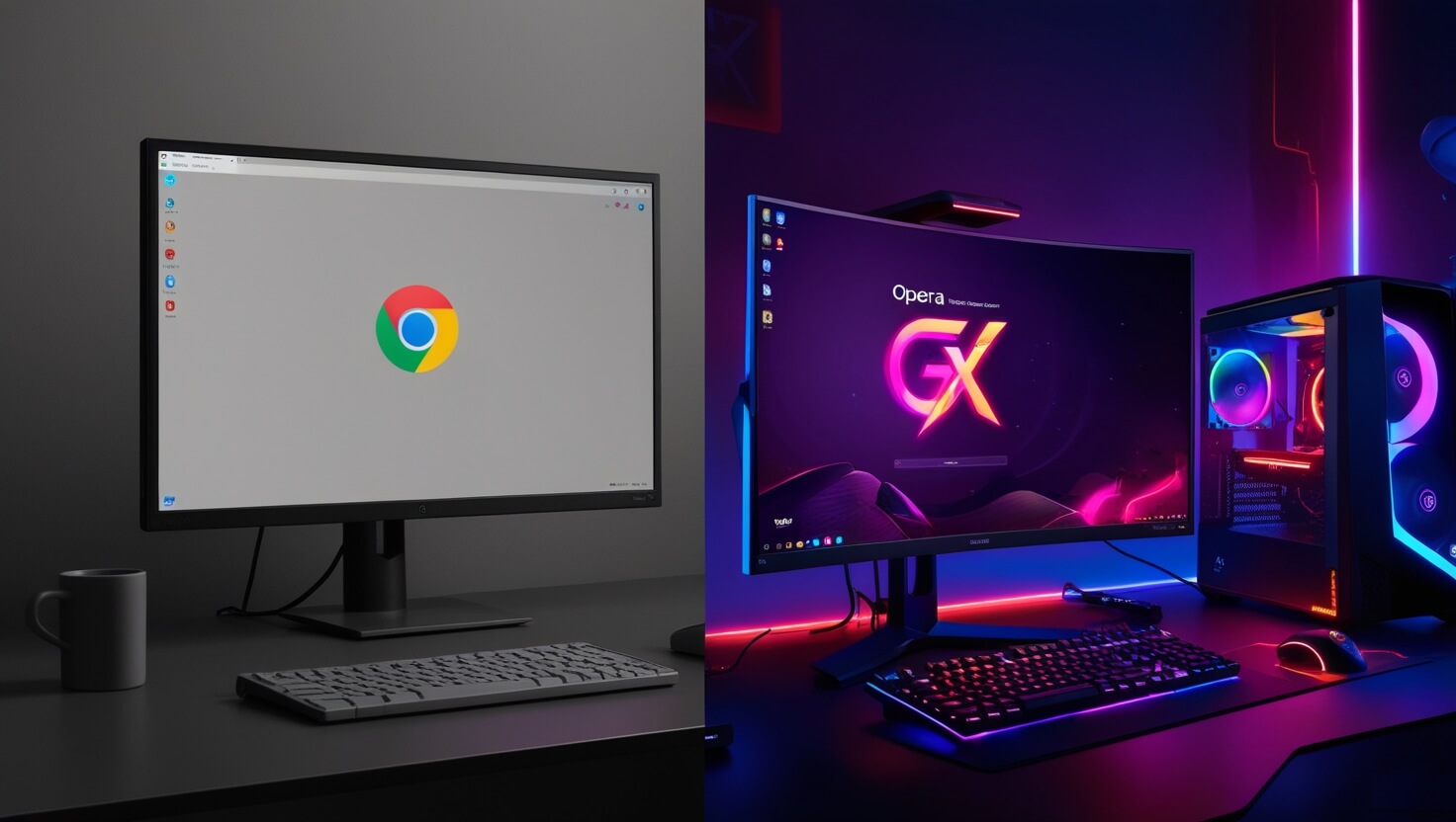 Chrome vs Opera GX, plain vs gamer-inspired browser experience.