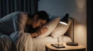 A person lightly stretching in a softly lit bedroom, phone face down on the nightstand