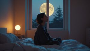 A person sitting calmly in a softly lit bedroom, transitioning from day to night