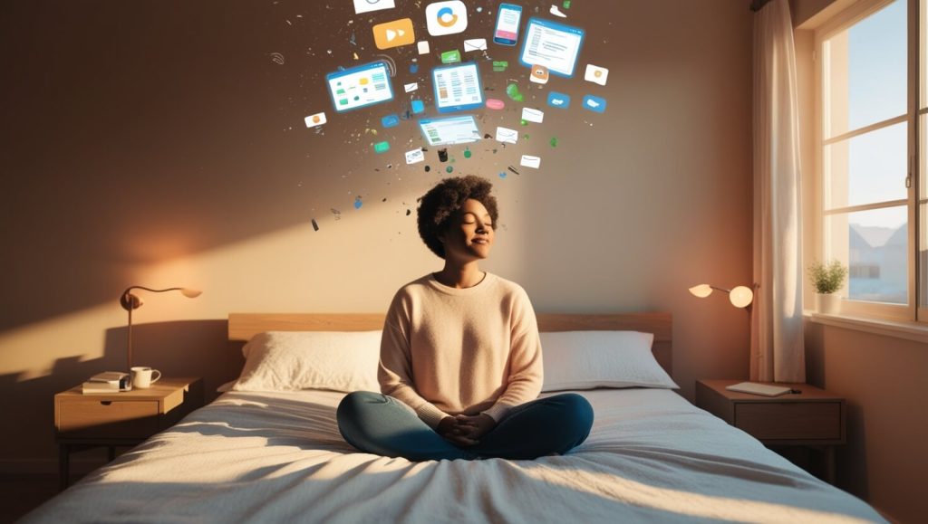 A person easing into the morning with clarity, digital stress fading away