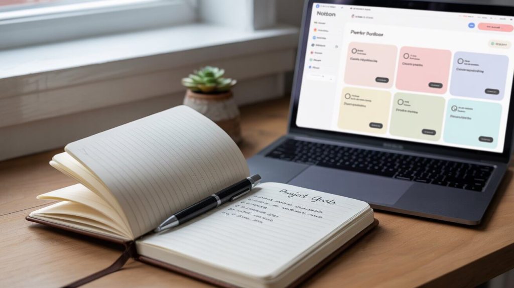 A notebook and laptop showing a Notion dashboard on a bright desk.
