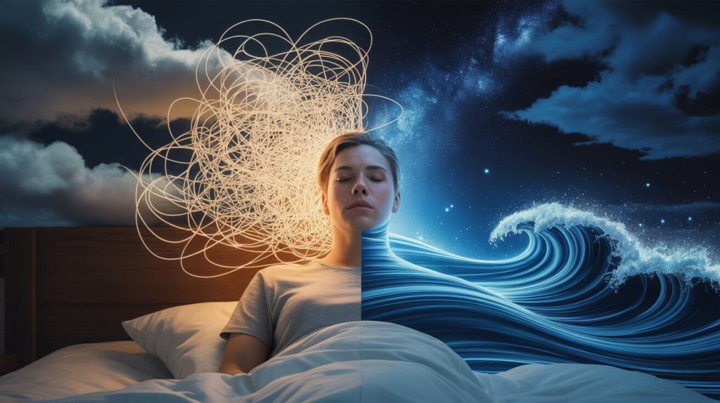 Person struggling to sleep, then relaxing with calming sounds