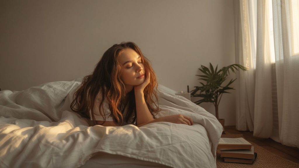 A young person waking up in soft natural light, beginning a peaceful day.