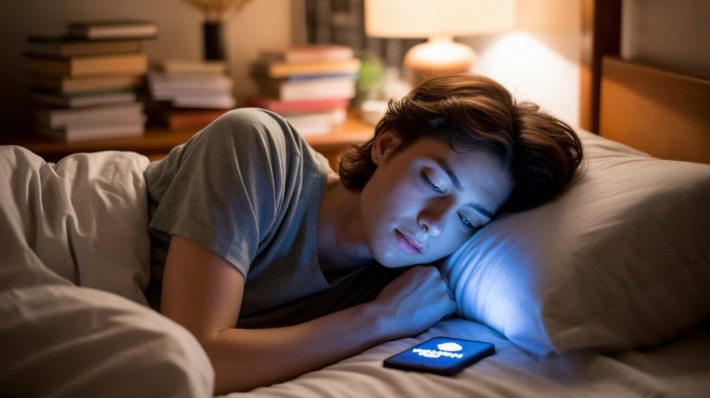 Person in bed scrolling on their phone late at night, unable to relax before sleep