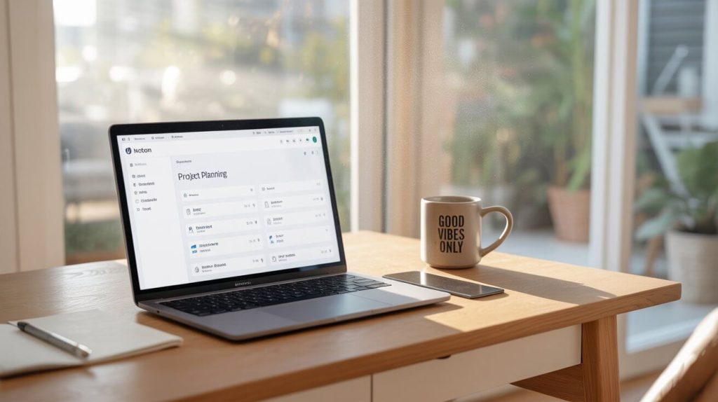 Minimal home workspace with Notion open on screen, showing calm productivity setup.