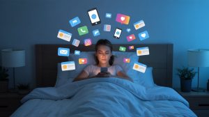 Overstimulated person surrounded by early morning digital distractions