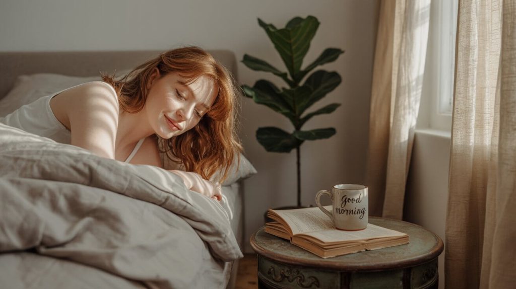 A person waking up peacefully in soft natural morning light.