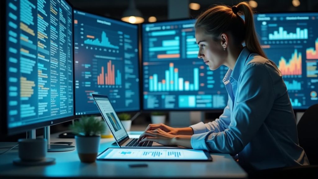Busy professional using AI tools for task automation, scheduling, and performance tracking in a smart, high-tech 2025 workspace.