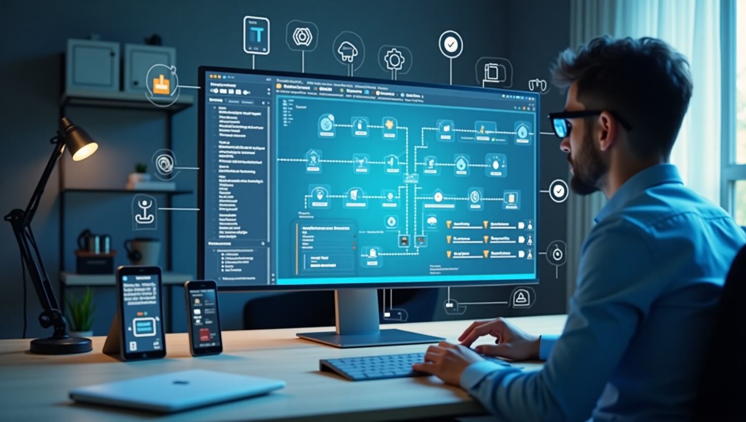 User building an AI-powered automation system with flowcharts and icons representing task repetition, robot hands, and smart workflow in a high-tech office