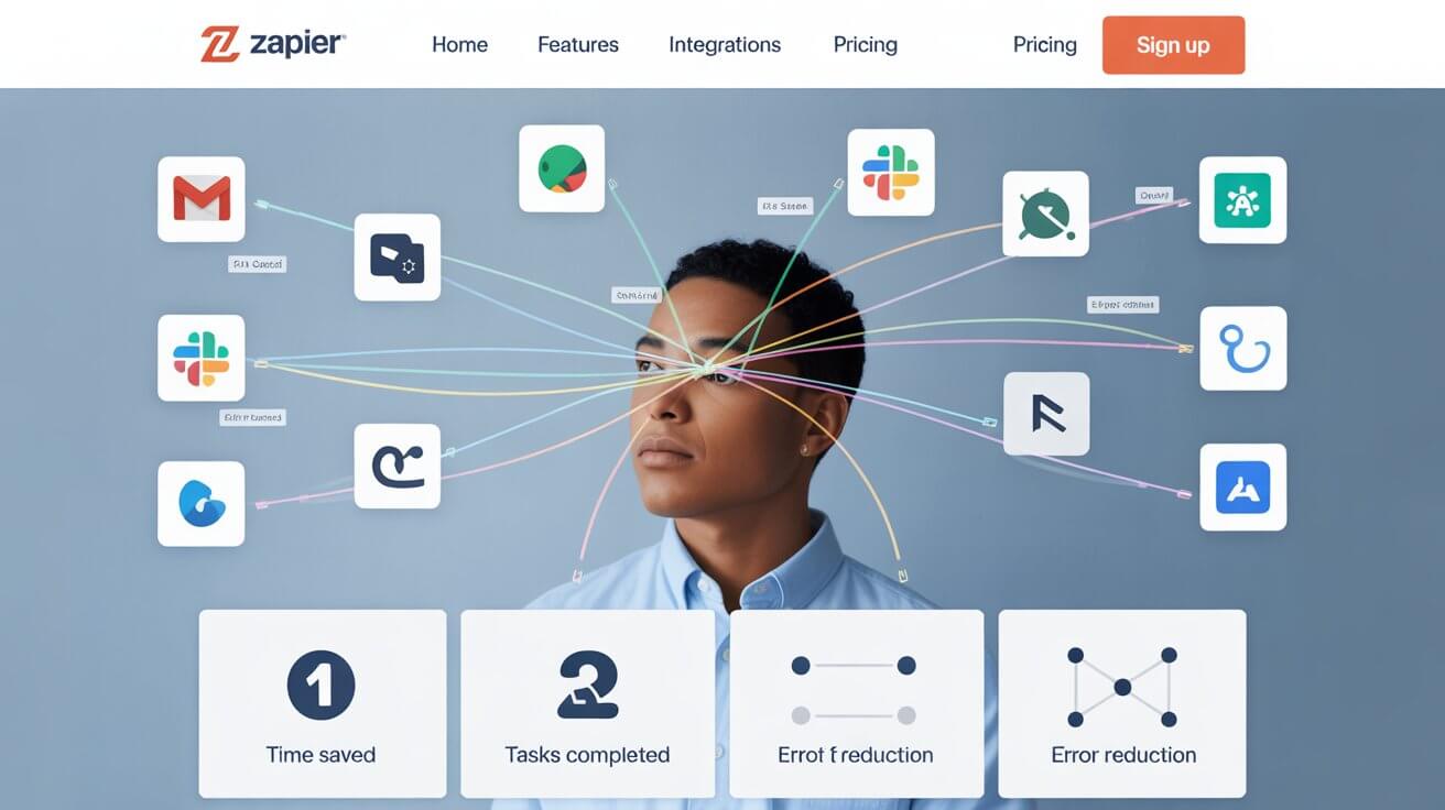 Zapier AI interface automating tasks across apps like Gmail, Slack, and Google Sheets in a futuristic business setting, showcasing seamless 2025 workflow automation.