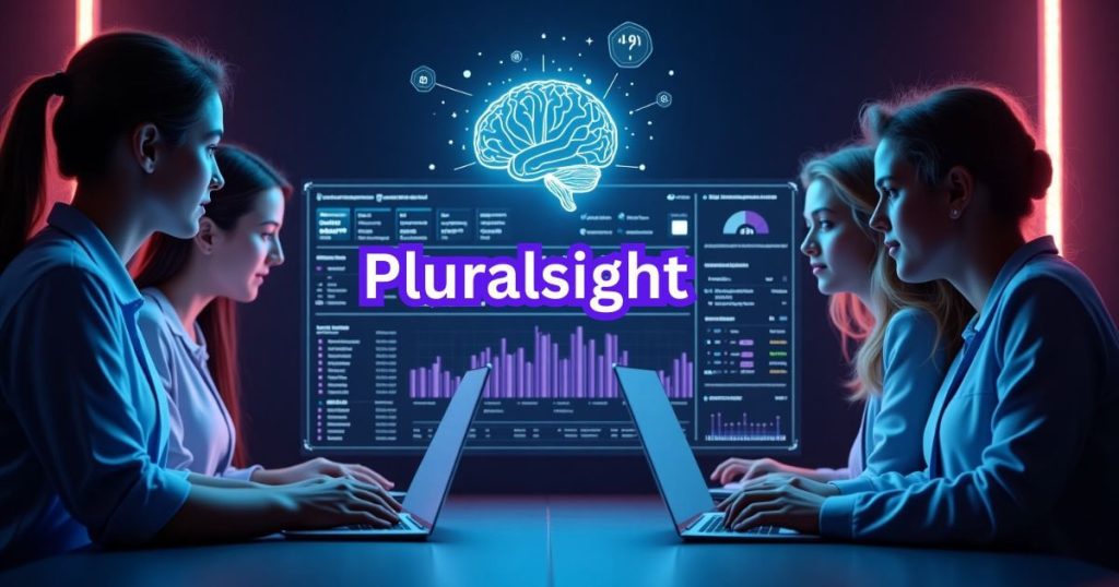 An AI-powered digital dashboard shows skill progress and learning paths, with professionals using laptops and holographic tools to close skill gaps