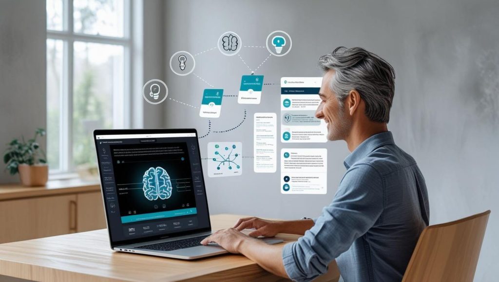 An adult uses Mindgrasp AI to instantly convert complex content into summarized insights, mind maps, and key points on a digital device