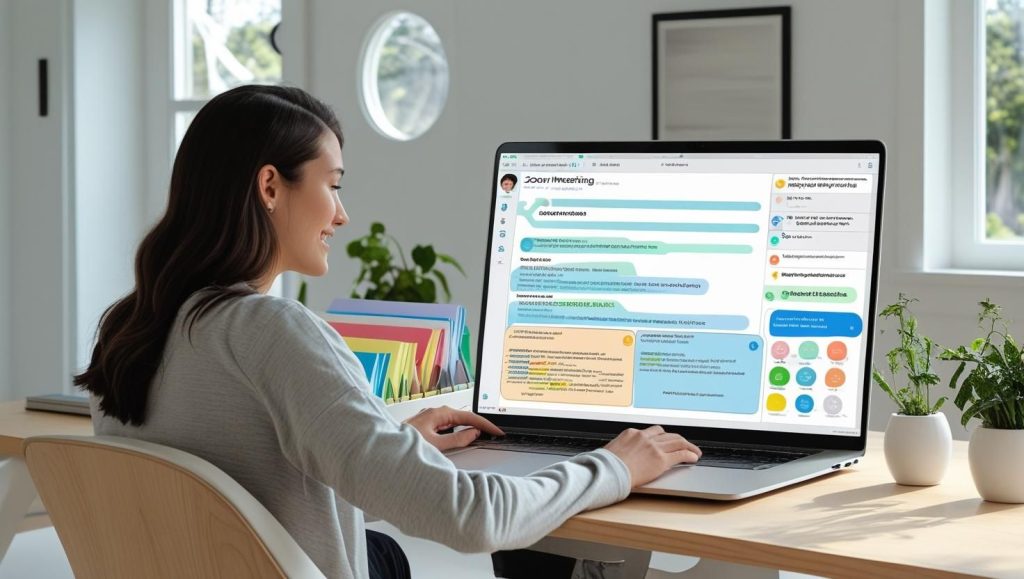 A learner uses Otter.ai to transcribe spoken content into organized notes with AI-generated highlights and folders on a laptop screen.