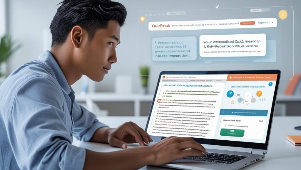 A learner uses QuizReads to transform reading material into interactive quizzes and flashcards with AI on a digital device