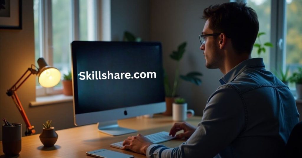 An adult learner uses AI-powered Skillshare tools to receive personalized course suggestions and skill progress insights in a home office setting