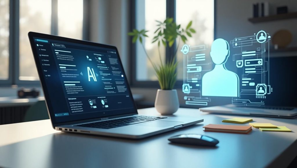 Modern AI-powered workspace in 2025 with laptop, holographic assistant, and smart productivity tools