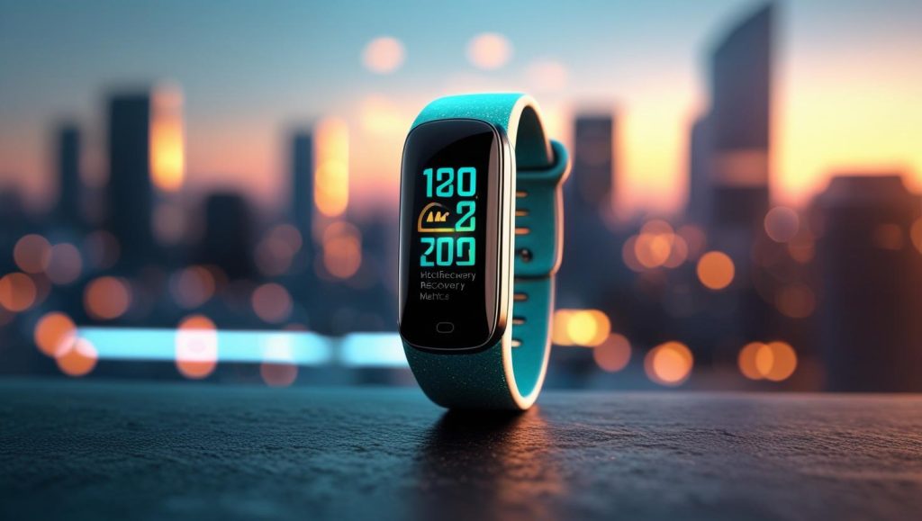WHOOP strap displaying AI recovery stats against a sunrise city backdrop