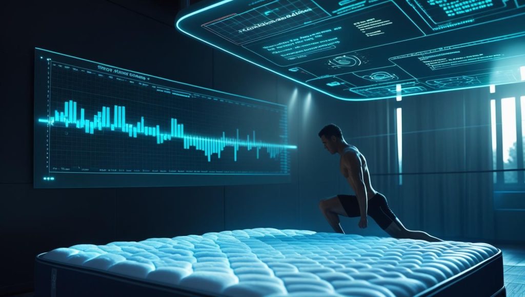 Eight Sleep mattress showing AI sleep-coaching holograms in a high-tech bedroom