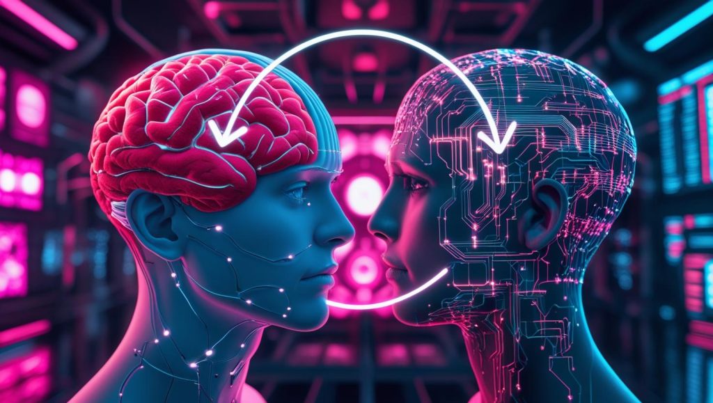 Brain connected to an AI dashboard through glowing feedback loops