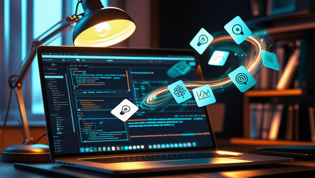 Digital flashcards flying out of a laptop running Memo AI