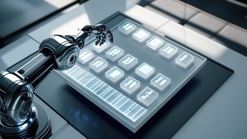 AI robotic arm arranging digital habit tiles on a floating Kanban board