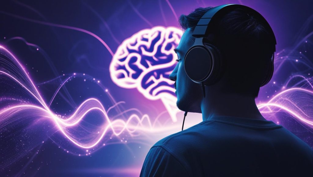 Headphones channeling AI-generated music visualized as neural pathways