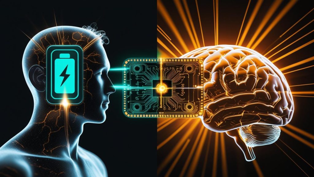 AI chip boosting both a battery and a brain to symbolize focus and energy