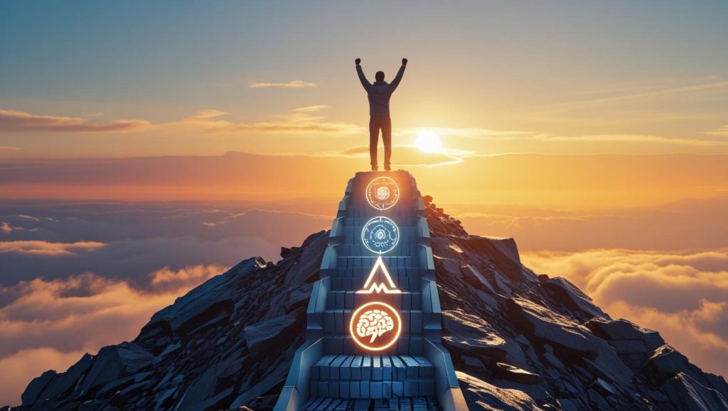 Person climbing AI-icon staircase toward peak mental performance at sunrise