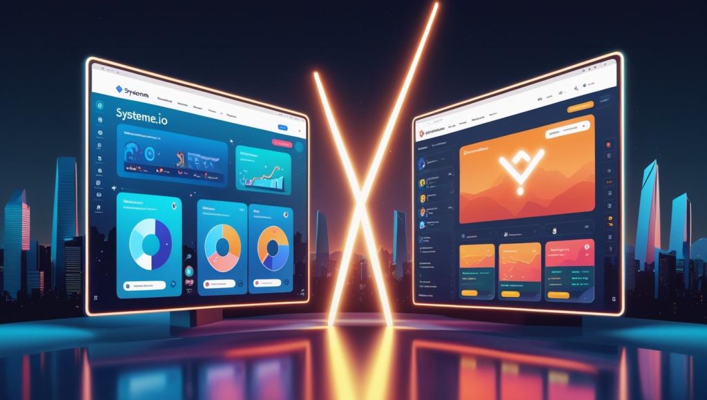 Split‑screen futuristic dashboards of Systeme.io and ClickFunnels facing off.