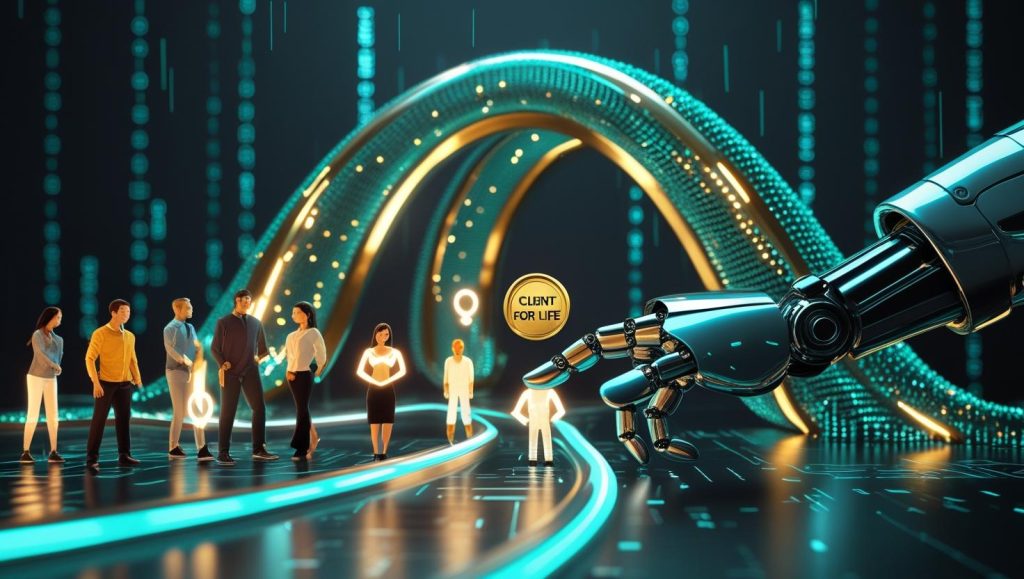 AI hand steering customers through an infinity‑shaped automated sales funnel.