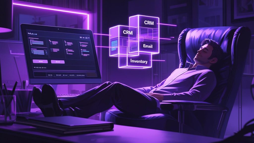 Holographic Make.com automations working while a business owner sleeps