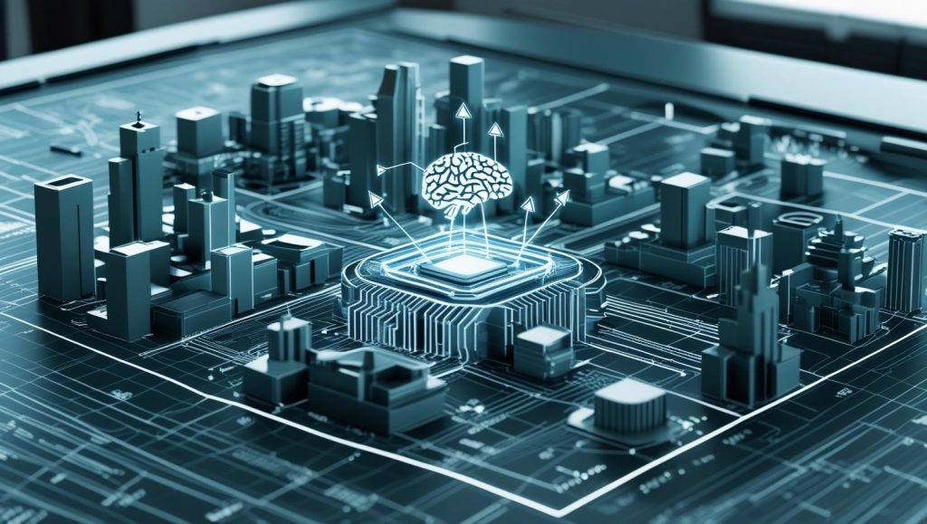 Holographic AI blueprint showing gears and circuits streamlining a business
