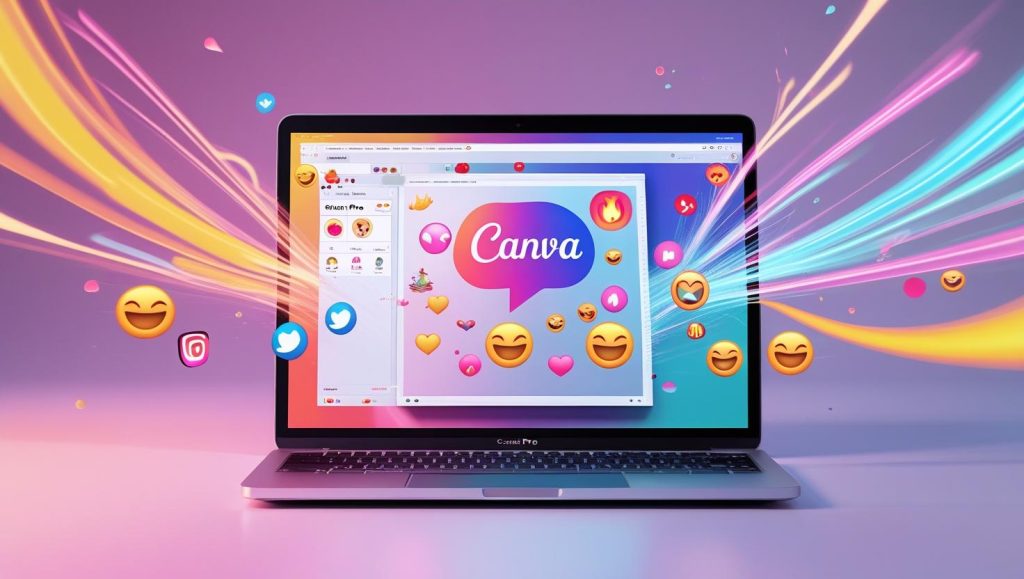 Canva Pro template launching social‑media reaction icons in a bright workspace