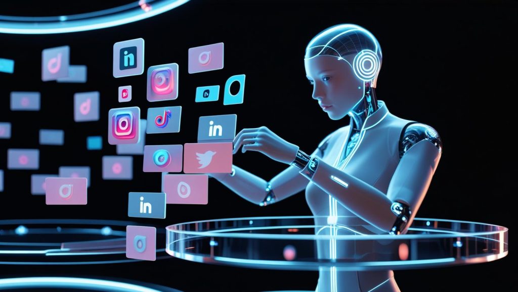 Holographic AI arranging polished social‑media graphic posts on a carousel