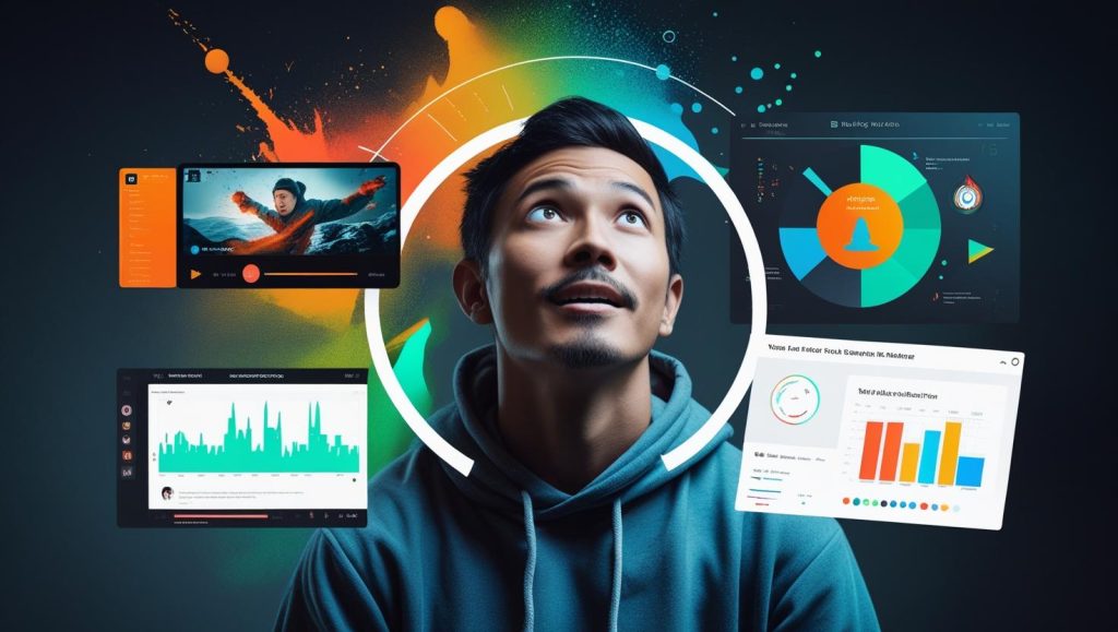 Various multimedia assets orbiting an AI tool while a non‑designer observes