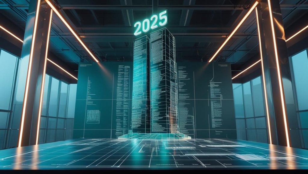 Futuristic SEO blueprint transforming into a skyscraper of search results