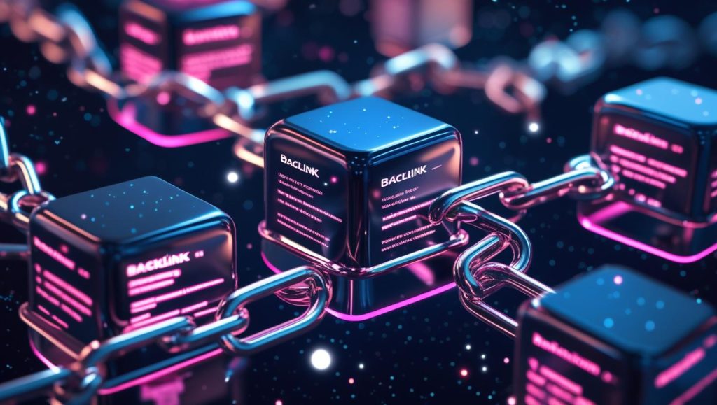 Glowing chains linking website cubes across a digital galaxy backdrop