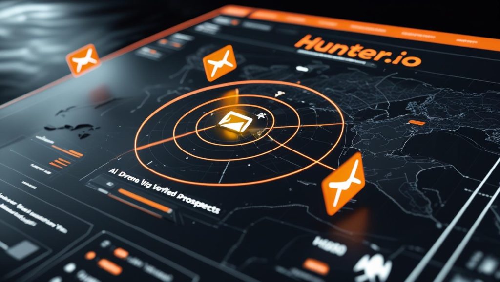 Hunter.io radar scanning for validated email prospects on a dark map