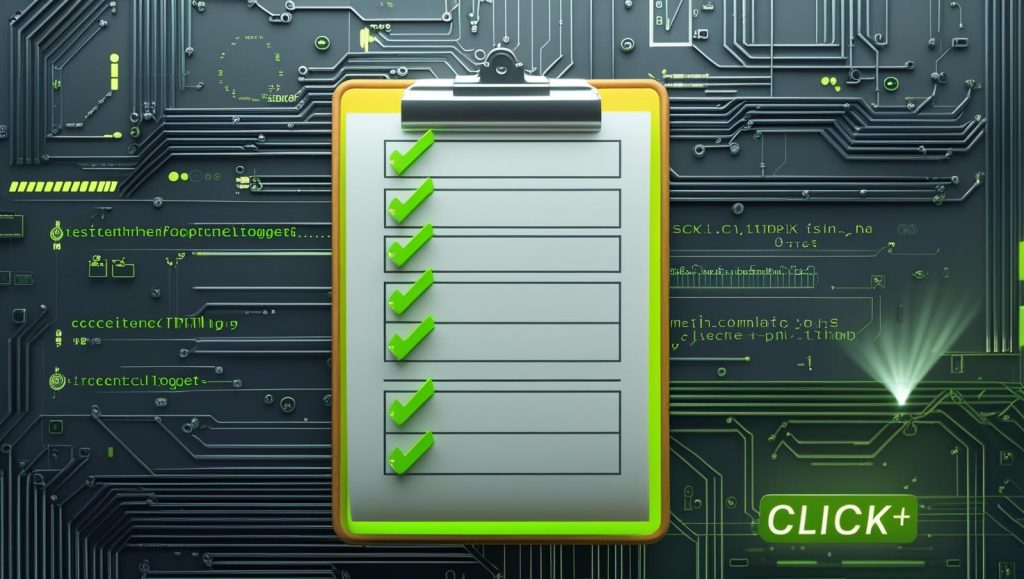 Technical SEO checklist hovering over a circuit‑board style web page