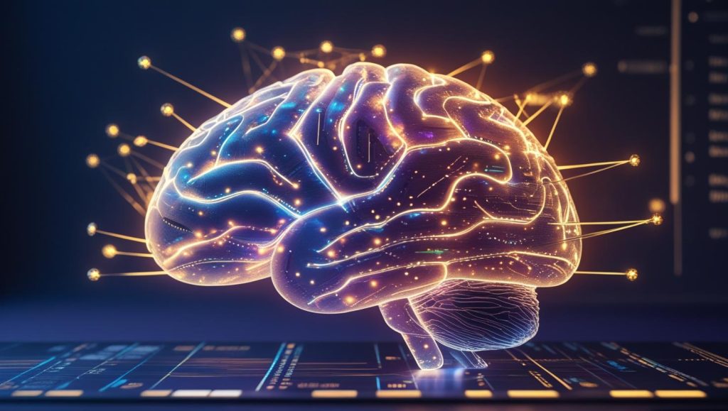 MarketMuse dashboard analyzing content clusters inside a holographic brain