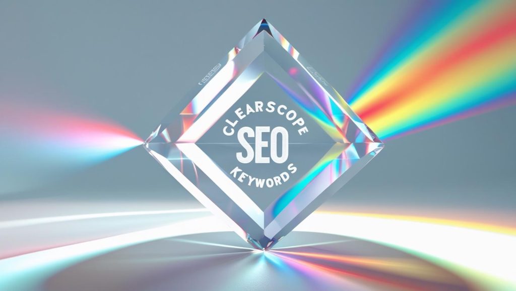 Crystal prism labeled Clearscope focusing keywords onto a relevance bullseye