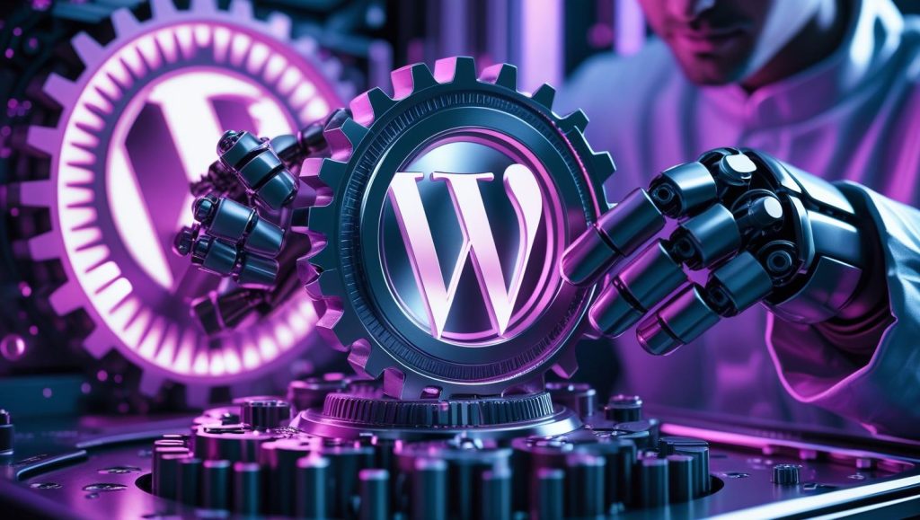 AI mechanic adjusting WordPress gears inside a Rank Math optimization engine