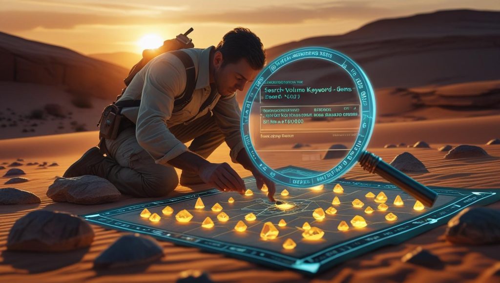 Explorer discovering keyword gems on a treasure‑map‑style research chart