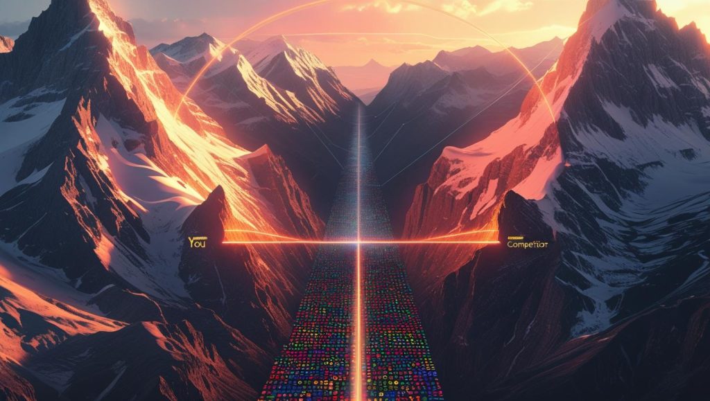 SEMrush laser bridge highlighting keyword gaps between two mountain peaks